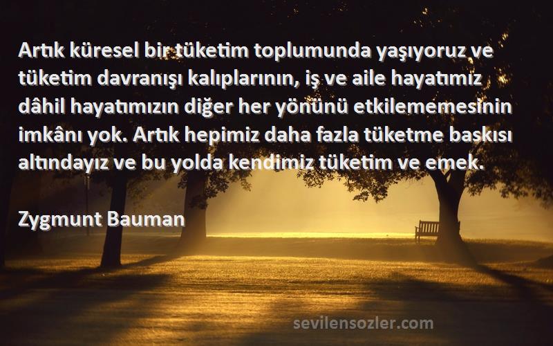 Zygmunt Bauman Sözleri 
Artık küresel bir tüketim toplumunda yaşıyoruz ve tüketim davranışı kalıplarının, iş ve aile hayatımız dâhil hayatımızın diğer her yönünü etkilememesinin imkânı yok. Artık hepimiz daha fazla tüketme baskısı altındayız ve bu yolda kendimiz tüketim ve emek.
