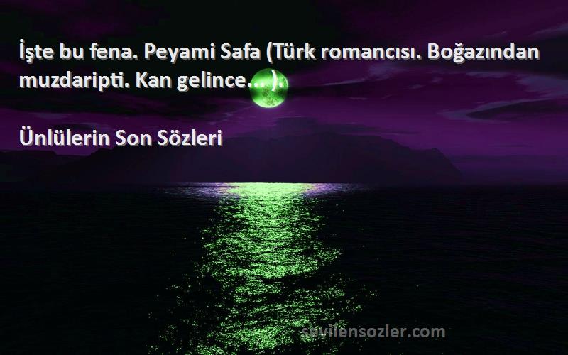 Ünlülerin Son  Sözleri 
İşte bu fena. Peyami Safa (Türk romancısı. Boğazından muzdaripti. Kan gelince... ).