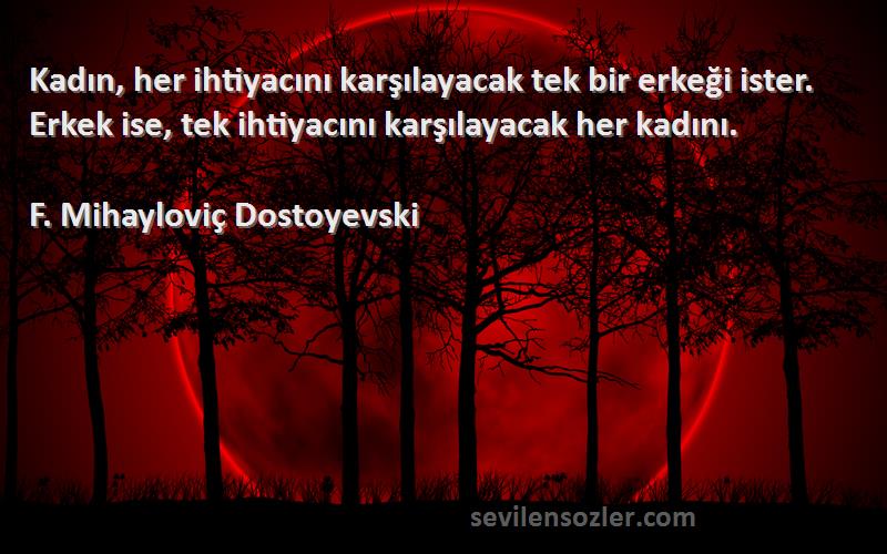 F. Mihayloviç Dostoyevski Sözleri 
Kadın, her ihtiyacını karşılayacak tek bir erkeği ister. Erkek ise, tek ihtiyacını karşılayacak her kadını.