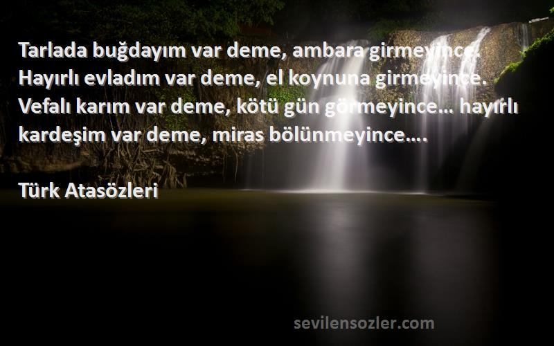 Türk Atasözleri Sözleri 
Tarlada buğdayım var deme, ambara girmeyince. Hayırlı evladım var deme, el koynuna girmeyince. Vefalı karım var deme, kötü gün görmeyince… hayırlı kardeşim var deme, miras bölünmeyince….