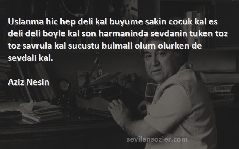 Aziz Nesin Sözleri 
Uslanma hic hep deli kal buyume sakin cocuk kal es deli deli boyle kal son harmaninda sevdanin tuken toz toz savrula kal sucustu bulmali olum olurken de sevdali kal.