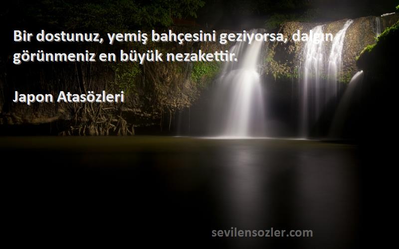 Japon Atasözleri Sözleri 
Bir dostunuz, yemiş bahçesini geziyorsa, dalgın görünmeniz en büyük nezakettir.