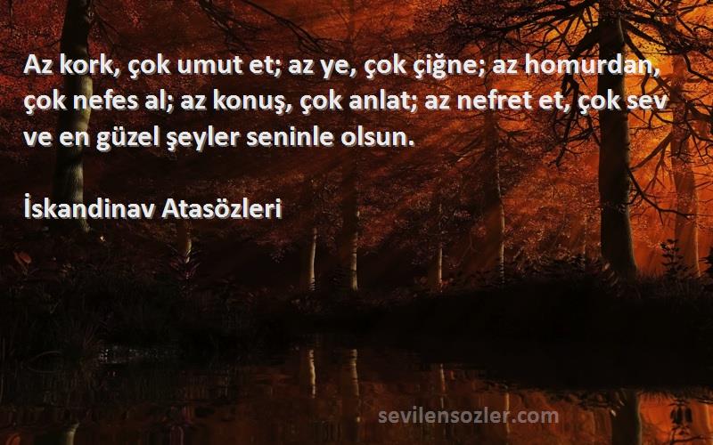 İskandinav Atasözleri Sözleri 
Az kork, çok umut et; az ye, çok çiğne; az homurdan, çok nefes al; az konuş, çok anlat; az nefret et, çok sev ve en güzel şeyler seninle olsun.