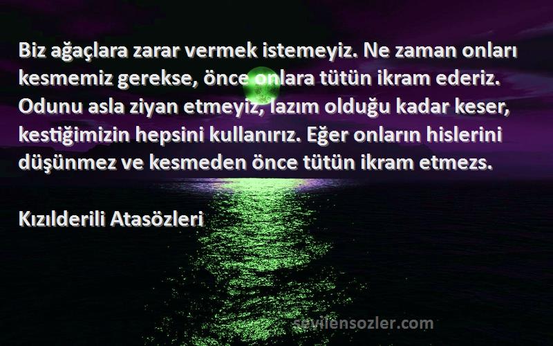 Kızılderili Atasözleri Sözleri 
Biz ağaçlara zarar vermek istemeyiz. Ne zaman onları kesmemiz gerekse, önce onlara tütün ikram ederiz. Odunu asla ziyan etmeyiz, lazım olduğu kadar keser, kestiğimizin hepsini kullanırız. Eğer onların hislerini düşünmez ve kesmeden önce tütün ikram etmezs.