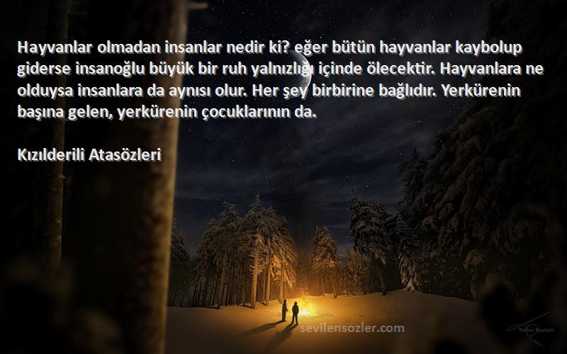 Kızılderili Atasözleri Sözleri 
Hayvanlar olmadan insanlar nedir ki? eğer bütün hayvanlar kaybolup giderse insanoğlu büyük bir ruh yalnızlığı içinde ölecektir. Hayvanlara ne olduysa insanlara da aynısı olur. Her şey birbirine bağlıdır. Yerkürenin başına gelen, yerkürenin çocuklarının da.