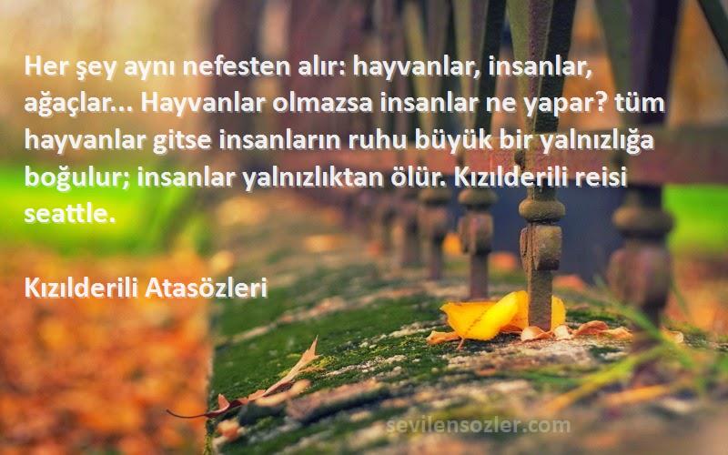 Kızılderili Atasözleri Sözleri 
Her şey aynı nefesten alır: hayvanlar, insanlar, ağaçlar... Hayvanlar olmazsa insanlar ne yapar? tüm hayvanlar gitse insanların ruhu büyük bir yalnızlığa boğulur; insanlar yalnızlıktan ölür. Kızılderili reisi seattle.