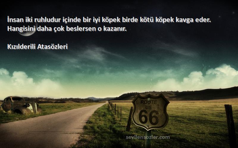 Kızılderili Atasözleri Sözleri 
İnsan iki ruhludur içinde bir iyi köpek birde kötü köpek kavga eder. Hangisini daha çok beslersen o kazanır.