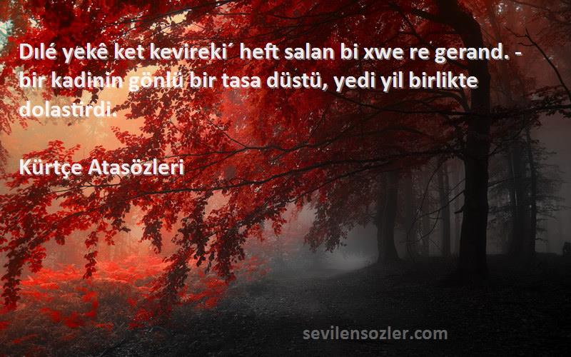 Kürtçe Atasözleri Sözleri 
Dılé yekê ket kevireki´ heft salan bi xwe re gerand. - bir kadinin gönlü bir tasa düstü, yedi yil birlikte dolastirdi.