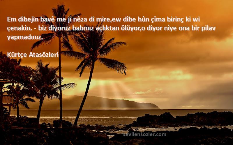 Kürtçe Atasözleri Sözleri 
Em dibejin bavê me ji nêza di mire,ew dîbe hûn çîma birinç ki wi çenakin. - biz diyoruz babmız açlıktan ölüyor,o diyor niye ona bir pilav yapmadınız.