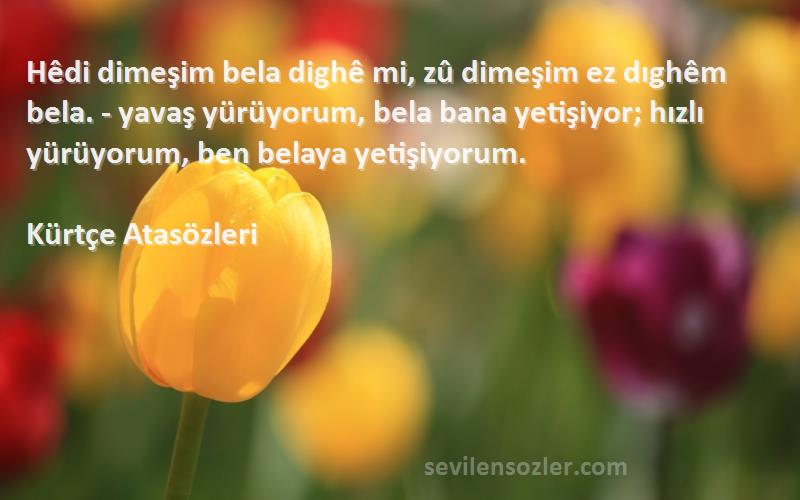 Kürtçe Atasözleri Sözleri 
Hêdi dimeşim bela dighê mi, zû dimeşim ez dıghêm bela. - yavaş yürüyorum, bela bana yetişiyor; hızlı yürüyorum, ben belaya yetişiyorum.