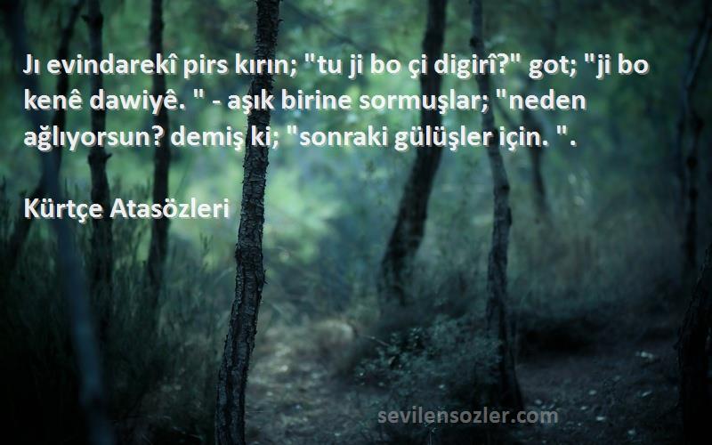 Kürtçe Atasözleri Sözleri 
Jı evindarekî pirs kırın; tu ji bo çi digirî? got; ji bo kenê dawiyê.  - aşık birine sormuşlar; neden ağlıyorsun? demiş ki; sonraki gülüşler için. .