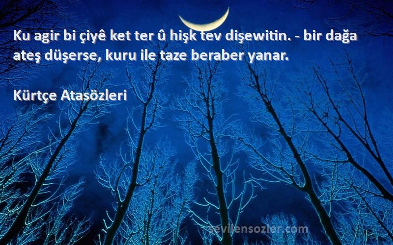 Kürtçe Atasözleri - Ku agir bi çiyê ket ter û hişk tev dişewitin. - bir dağa ateş düşerse, kuru ile taze beraber yanar.