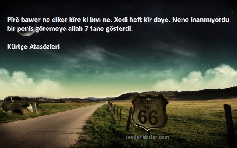 Kürtçe Atasözleri Sözleri 
Pîrê bawer ne diker kîre ki bıvı ne. Xedi heft kîr daye. Nene inanmıyordu bir penis göremeye allah 7 tane gösterdi.