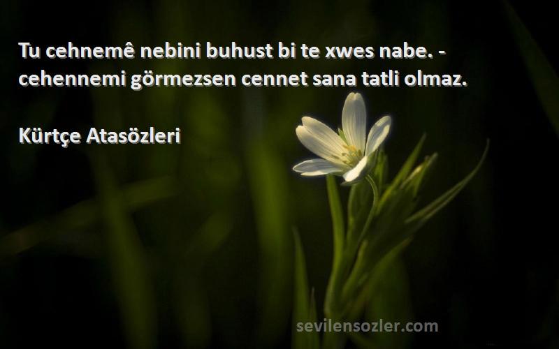 Kürtçe Atasözleri - Tu cehnemê nebini buhust bi te xwes nabe. - cehennemi görmezsen cennet sana tatli olmaz.