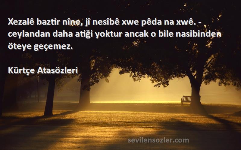 Kürtçe Atasözleri Sözleri 
Xezalê baztir nîne, jî nesîbê xwe pêda na xwê. - ceylandan daha atiği yoktur ancak o bile nasibinden öteye geçemez.