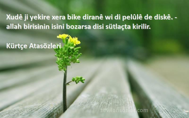 Kürtçe Atasözleri Sözleri 
Xudê ji yekire xera bike diranê wi di pelûlê de diskê. - allah birisinin isini bozarsa disi sütlaçta kirilir.