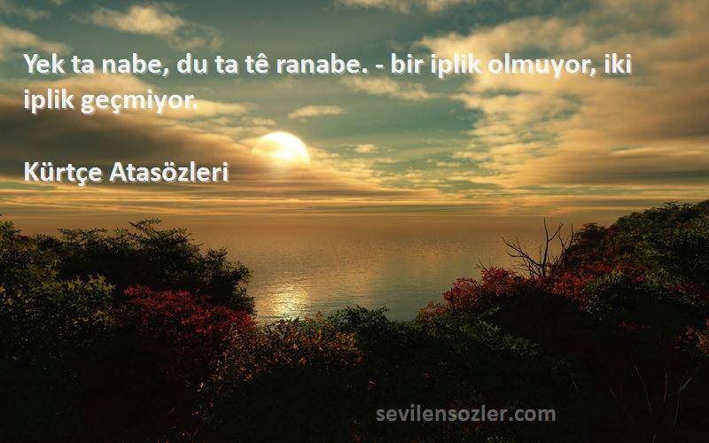 Kürtçe Atasözleri Sözleri 
Yek ta nabe, du ta tê ranabe. - bir iplik olmuyor, iki iplik geçmiyor.