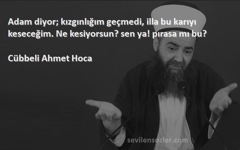 Cübbeli Ahmet Hoca Sözleri 
Adam diyor; kızgınlığım geçmedi, illa bu karıyı keseceğim. Ne kesiyorsun? sen ya! pırasa mı bu?