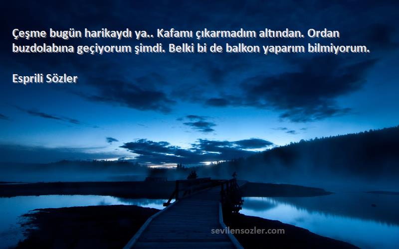 Esprili Sözler Sözleri 
Çeşme bugün harikaydı ya.. Kafamı çıkarmadım altından. Ordan buzdolabına geçiyorum şimdi. Belki bi de balkon yaparım bilmiyorum.