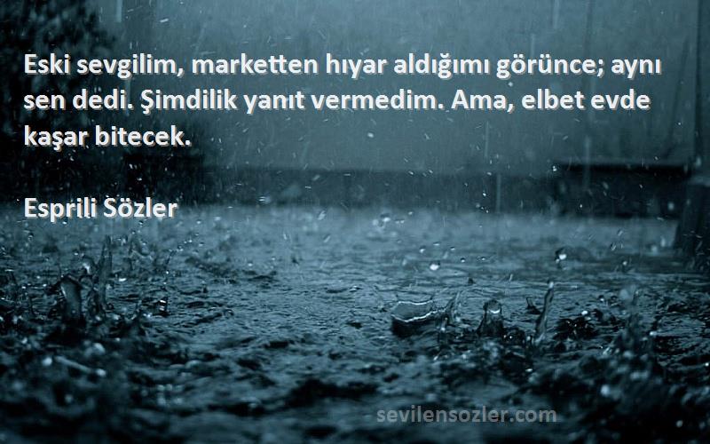 Esprili Sözler Sözleri 
Eski sevgilim, marketten hıyar aldığımı görünce; aynı sen dedi. Şimdilik yanıt vermedim. Ama, elbet evde kaşar bitecek.