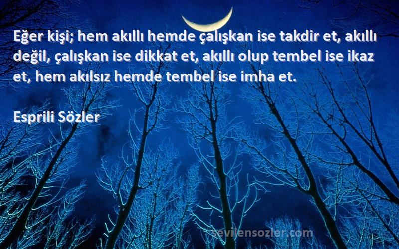 Esprili Sözler Sözleri 
Eğer kişi; hem akıllı hemde çalışkan ise takdir et, akıllı değil, çalışkan ise dikkat et, akıllı olup tembel ise ikaz et, hem akılsız hemde tembel ise imha et.