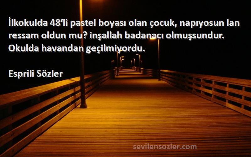 Esprili Sözler Sözleri 
İlkokulda 48′li pastel boyası olan çocuk, napıyosun lan ressam oldun mu? inşallah badanacı olmuşsundur. Okulda havandan geçilmiyordu.