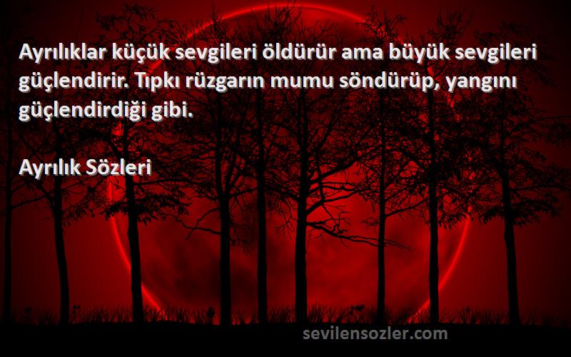 Ayrılık  Sözleri 
Ayrılıklar küçük sevgileri öldürür ama büyük sevgileri güçlendirir. Tıpkı rüzgarın mumu söndürüp, yangını güçlendirdiği gibi.