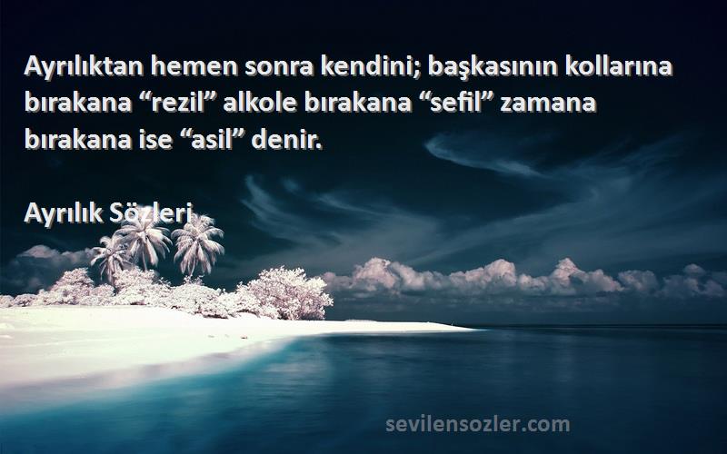 Ayrılık  Sözleri 
Ayrılıktan hemen sonra kendini; başkasının kollarına bırakana “rezil” alkole bırakana “sefil” zamana bırakana ise “asil” denir.