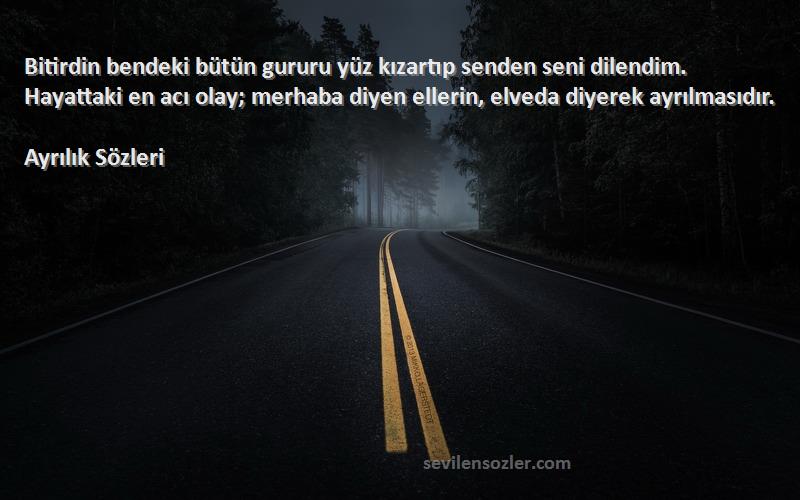 Ayrılık  Sözleri 
Bitirdin bendeki bütün gururu yüz kızartıp senden seni dilendim. Hayattaki en acı olay; merhaba diyen ellerin, elveda diyerek ayrılmasıdır.