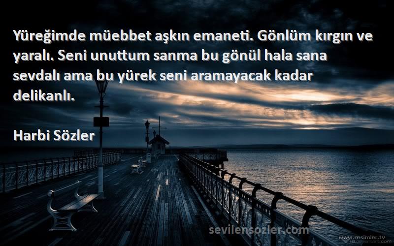 Harbi Sözler Sözleri 
Yüreğimde müebbet aşkın emaneti. Gönlüm kırgın ve yaralı. Seni unuttum sanma bu gönül hala sana sevdalı ama bu yürek seni aramayacak kadar delikanlı.