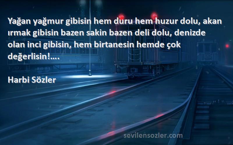 Harbi Sözler Sözleri 
Yağan yağmur gibisin hem duru hem huzur dolu, akan ırmak gibisin bazen sakin bazen deli dolu, denizde olan inci gibisin, hem birtanesin hemde çok değerlisin!….