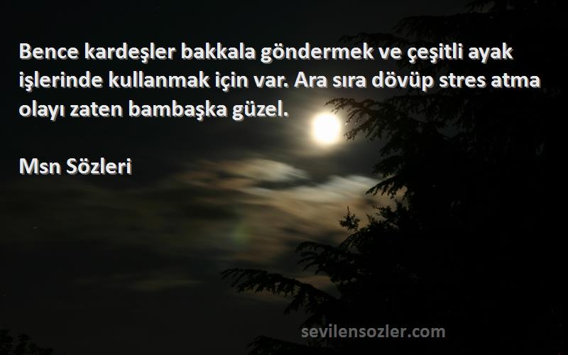 Msn  Sözleri 
Bence kardeşler bakkala göndermek ve çeşitli ayak işlerinde kullanmak için var. Ara sıra dövüp stres atma olayı zaten bambaşka güzel.