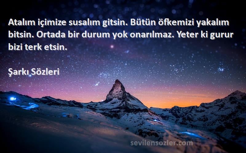 Şarkı  Sözleri 
Atalım içimize susalım gitsin. Bütün öfkemizi yakalım bitsin. Ortada bir durum yok onarılmaz. Yeter ki gurur bizi terk etsin.