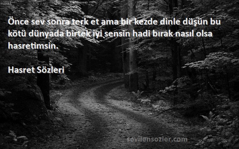 Hasret  Sözleri 
Önce sev sonra terk et ama bir kezde dinle düşün bu kötü dünyada birtek iyi sensin hadi bırak nasıl olsa hasretimsin.