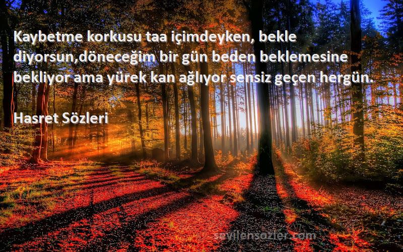 Hasret  Sözleri 
Kaybetme korkusu taa içimdeyken, bekle diyorsun,döneceğim bir gün beden beklemesine bekliyor ama yürek kan ağlıyor sensiz geçen hergün.