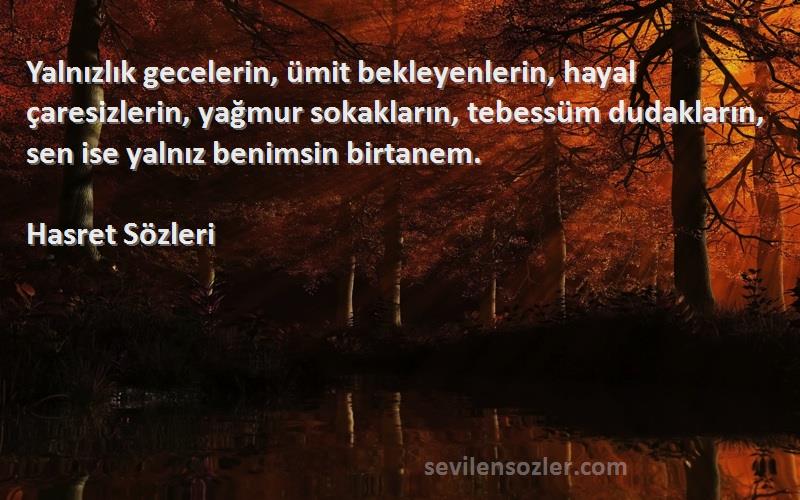 Hasret  Sözleri 
Yalnızlık gecelerin, ümit bekleyenlerin, hayal çaresizlerin, yağmur sokakların, tebessüm dudakların, sen ise yalnız benimsin birtanem.