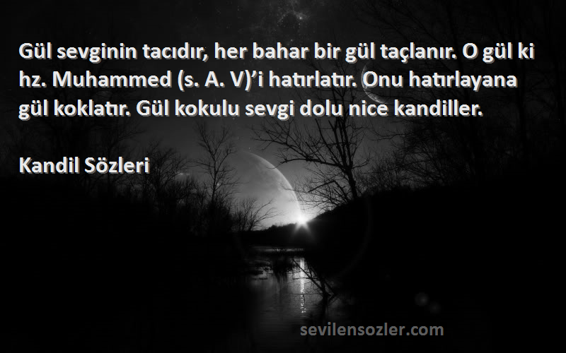 Kandil  Sözleri 
Gül sevginin tacıdır, her bahar bir gül taçlanır. O gül ki hz. Muhammed (s. A. V)’i hatırlatır. Onu hatırlayana gül koklatır. Gül kokulu sevgi dolu nice kandiller.