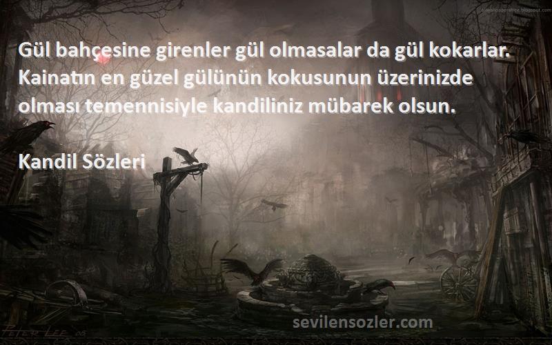 Kandil  Sözleri 
Gül bahçesine girenler gül olmasalar da gül kokarlar. Kainatın en güzel gülünün kokusunun üzerinizde olması temennisiyle kandiliniz mübarek olsun.