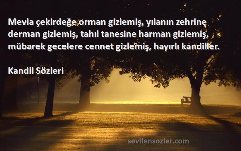 Kandil  Sözleri 
Mevla çekirdeğe orman gizlemiş, yılanın zehrine derman gizlemiş, tahıl tanesine harman gizlemiş, mübarek gecelere cennet gizlemiş, hayırlı kandiller.