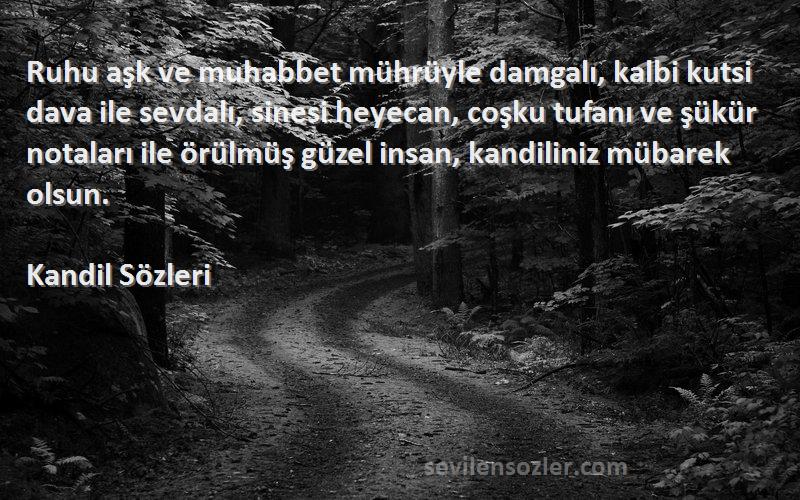 Kandil  Sözleri 
Ruhu aşk ve muhabbet mührüyle damgalı, kalbi kutsi dava ile sevdalı, sinesi heyecan, coşku tufanı ve şükür notaları ile örülmüş güzel insan, kandiliniz mübarek olsun.