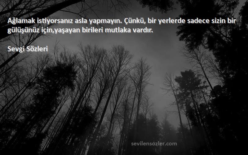 Sevgi  Sözleri 
Ağlamak istiyorsanız asla yapmayın. Çünkü, bir yerlerde sadece sizin bir gülüşünüz için,yaşayan birileri mutlaka vardır.