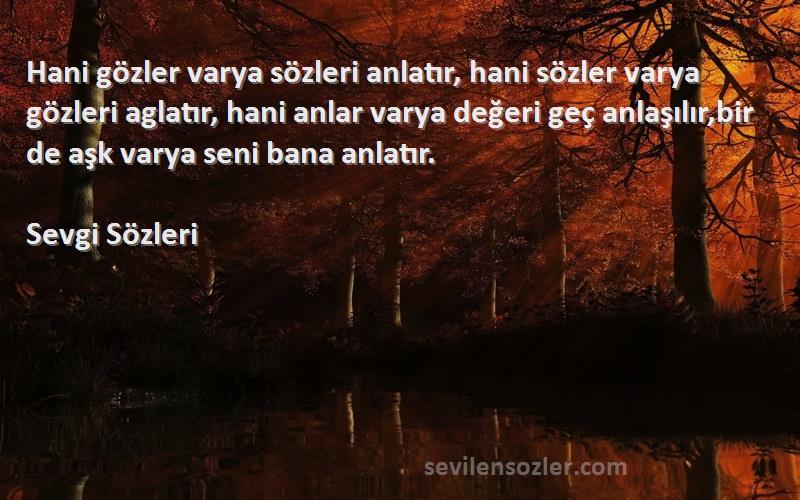 Sevgi  Sözleri 
Hani gözler varya sözleri anlatır, hani sözler varya gözleri aglatır, hani anlar varya değeri geç anlaşılır,bir de aşk varya seni bana anlatır.