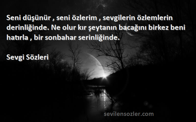 Sevgi  Sözleri 
Seni düşünür , seni özlerim , sevgilerin özlemlerin derinliğinde. Ne olur kır şeytanın bacağını birkez beni hatırla , bir sonbahar serinliğinde.