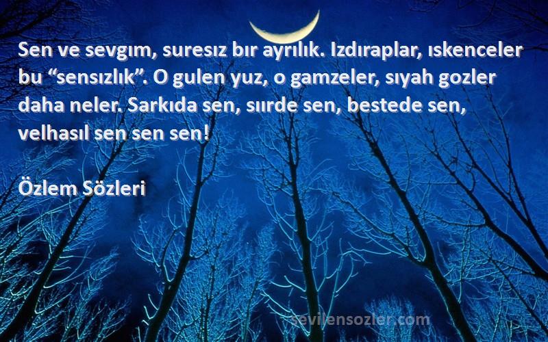 Özlem  Sözleri 
Sen ve sevgım, suresız bır ayrılık. Izdıraplar, ıskenceler bu “sensızlık”. O gulen yuz, o gamzeler, sıyah gozler daha neler. Sarkıda sen, sıırde sen, bestede sen, velhasıl sen sen sen!