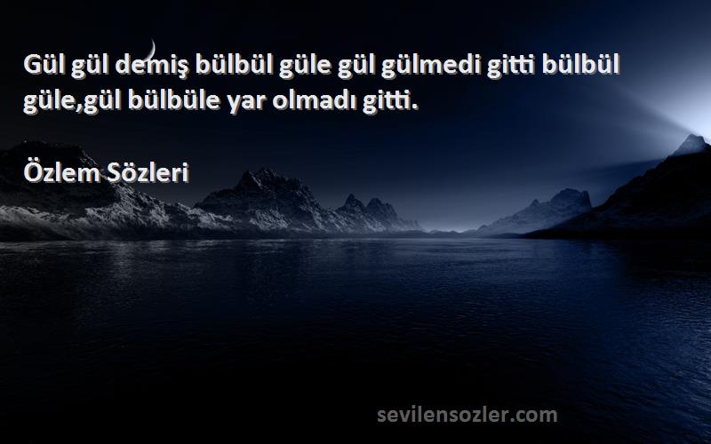 Özlem  Sözleri 
Gül gül demiş bülbül güle gül gülmedi gitti bülbül güle,gül bülbüle yar olmadı gitti.