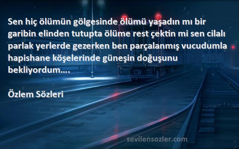 Özlem  Sözleri 
Sen hiç ölümün gölgesinde ölümü yaşadın mı bir garibin elinden tutupta ölüme rest çektin mi sen cilalı parlak yerlerde gezerken ben parçalanmış vucudumla hapishane köşelerinde güneşin doğuşunu bekliyordum….