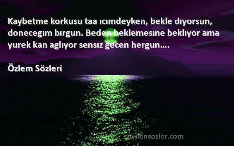 Özlem  Sözleri 
Kaybetme korkusu taa ıcımdeyken, bekle dıyorsun, donecegım bırgun. Beden beklemesıne beklıyor ama yurek kan aglıyor sensız gecen hergun….
