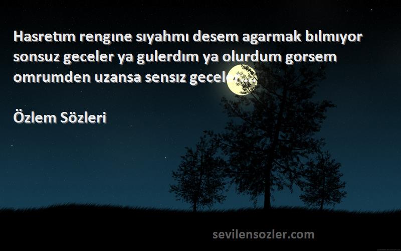 Özlem  Sözleri 
Hasretım rengıne sıyahmı desem agarmak bılmıyor sonsuz geceler ya gulerdım ya olurdum gorsem omrumden uzansa sensız geceler….