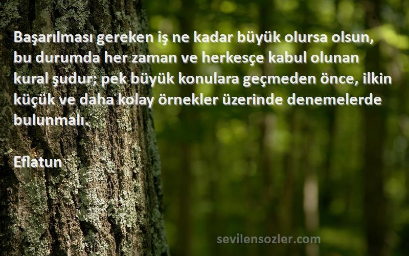 Eflatun Sözleri 
Başarılması gereken iş ne kadar büyük olursa olsun, bu durumda her zaman ve herkesçe kabul olunan kural şudur; pek büyük konulara geçmeden önce, ilkin küçük ve daha kolay örnekler üzerinde denemelerde bulunmalı.