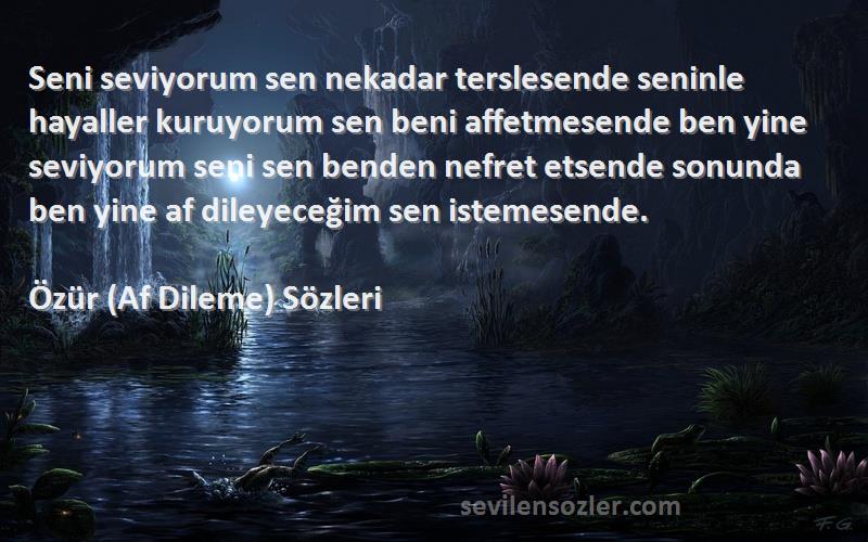 Özür (Af Dileme)  Sözleri 
Seni seviyorum sen nekadar terslesende seninle hayaller kuruyorum sen beni affetmesende ben yine seviyorum seni sen benden nefret etsende sonunda ben yine af dileyeceğim sen istemesende.